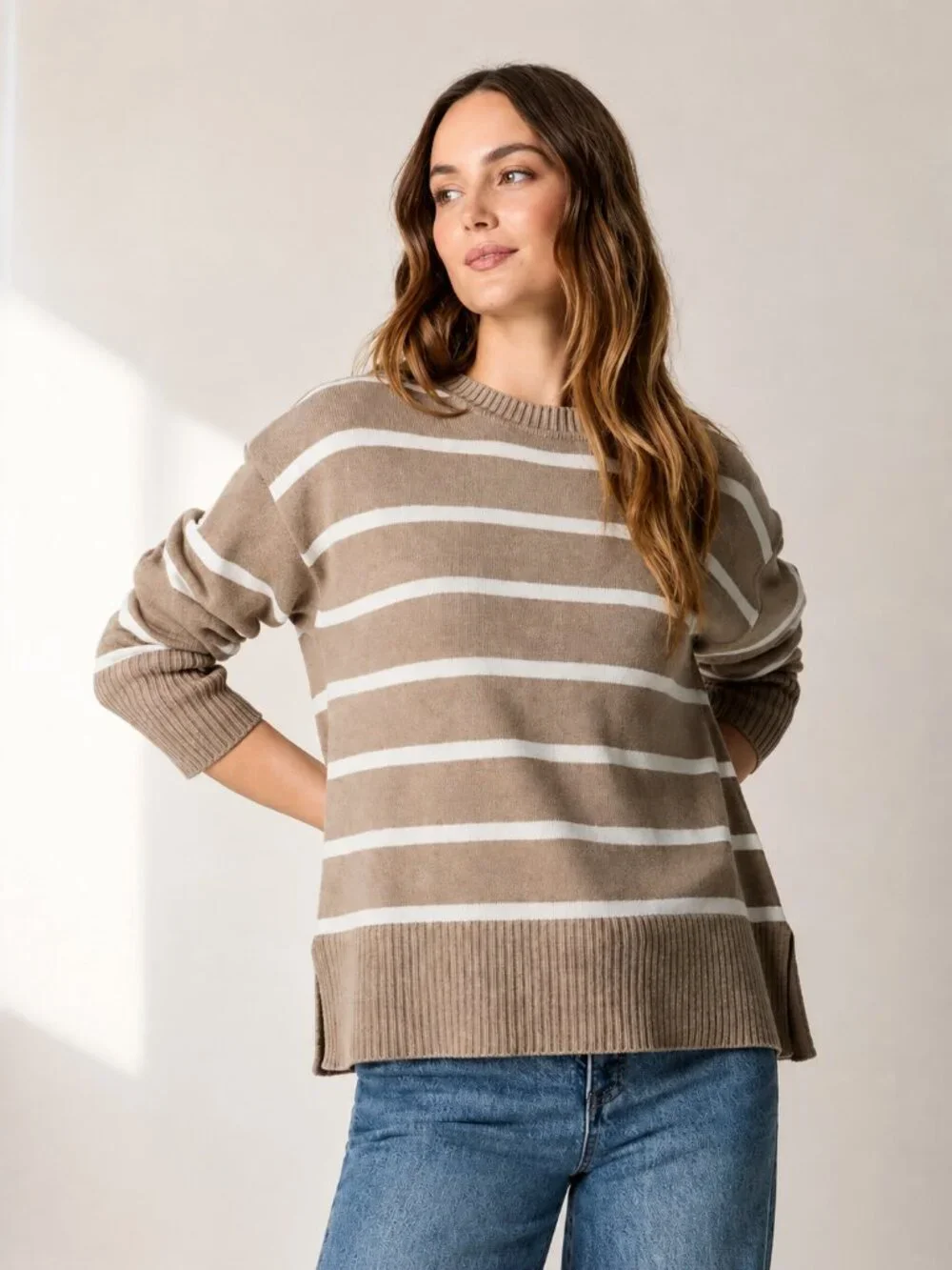 J.Crew Factory Wide Hem Striped Cotton Sweater Size Medium Tan Ivory